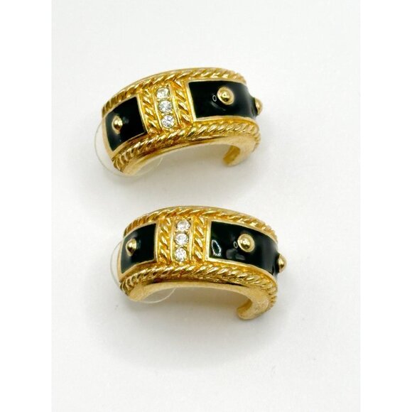 Swarovski Swan Signed Pierced Earrings Black Enamel Clear Crystal Half Hoop - Picture 5 of 5